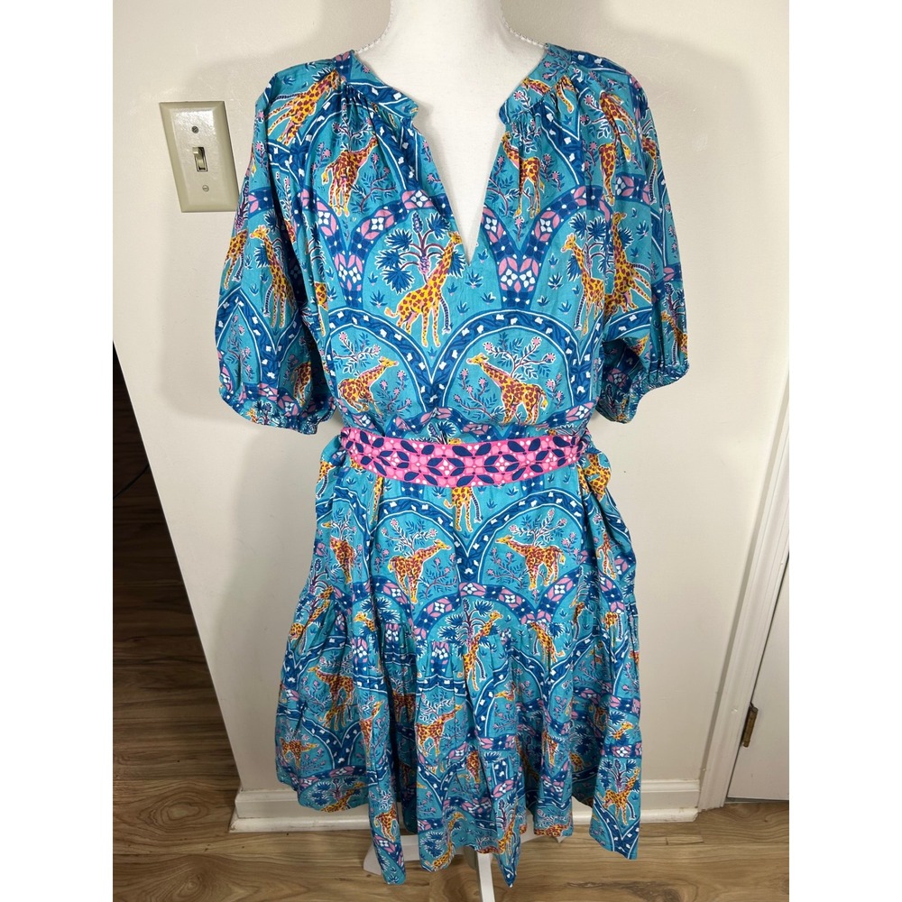 Printfresh It's a Date Midi Dress Sz M Blue Grazing Giraffes Organic Cotton HTF